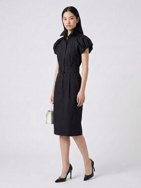 HUGO BOSS Women's Danzal Cotton Cap Sleeve Belted Shirt Dress - Black, Sz 6